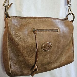 Vintage Roots Canada leather crossbody bag with bronze clasps and zippers